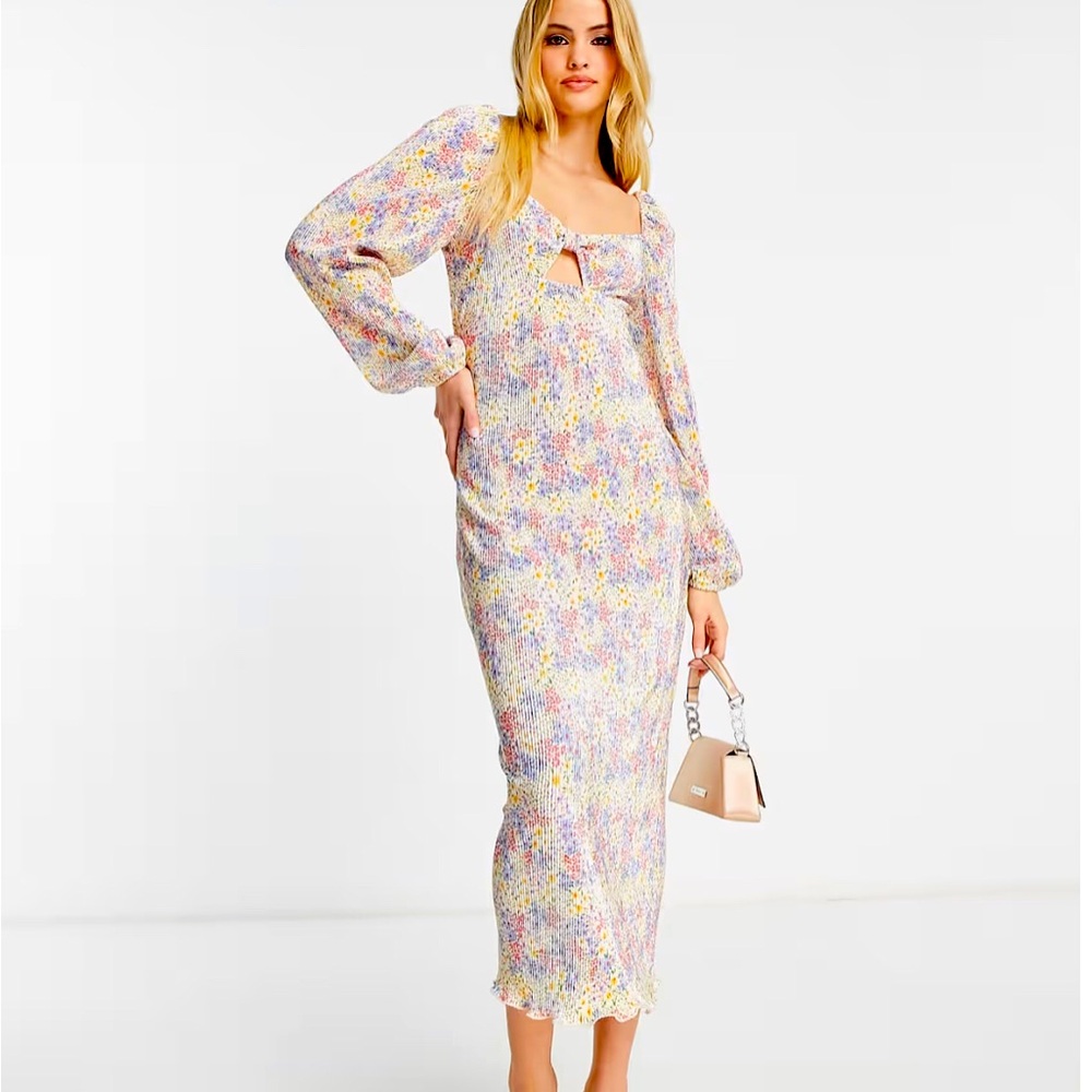 ASOS DESIGN Tall plisse long sleeve bust detail dress blue ditsy floral 12 Tall